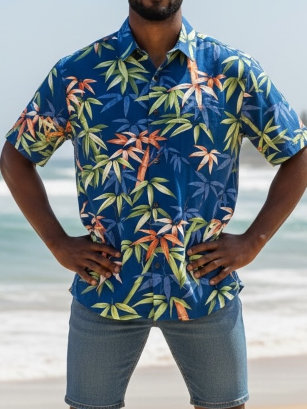 NwT Tommy Bahama Men’s Hawaiian Shirt Standard Fit 100% Silk Blue Bamboo Beach